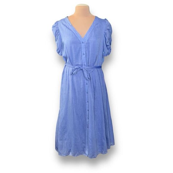 DKNY Dress Blue Chambray Front Button Vneck Short Puff Sleeve Midi Size 16 - Picture 1 of 10